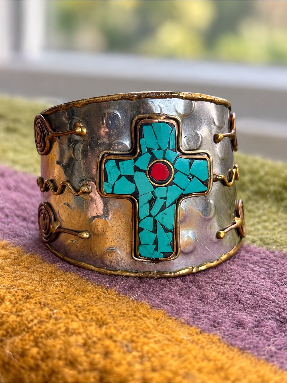 Turquoise Color Mosaic Cross Wide Hammered Cuff Bracelet Mixed Metal Boho